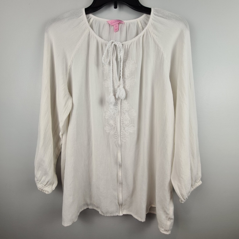 Lilly Pulitzer White Embroidered Peasant Blouse XL Rayon Cotton Tassel Tie Boho